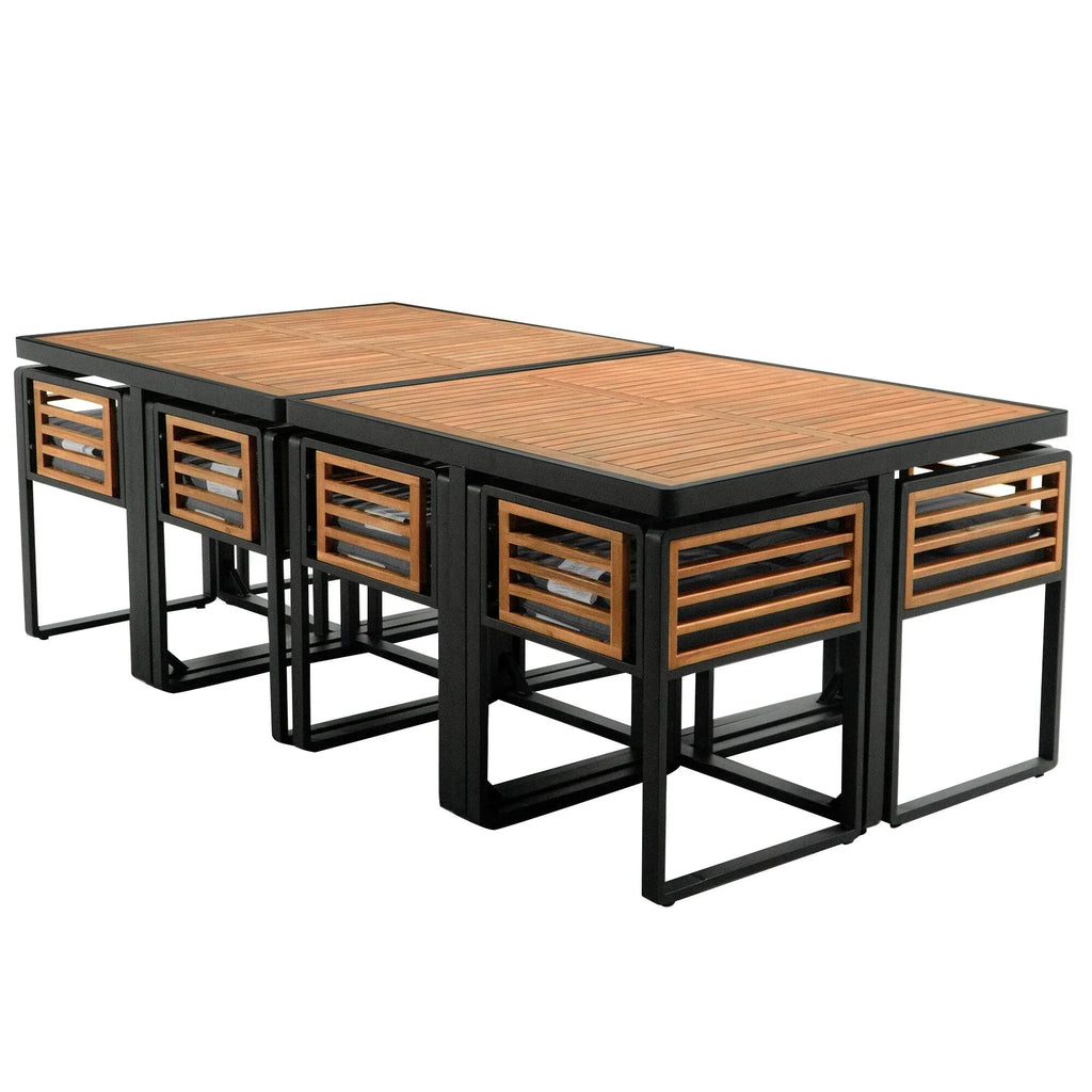 18-Pieces Acacia Wood Patio Dining Set, 8 Cushioned Chairs & 8 Ottomans & 2 Square Table