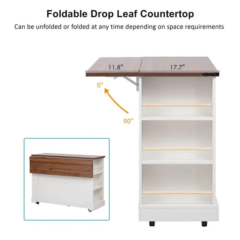 Kitchen Island w/Drop Leaf, 3 Drawers & 5 Open Side Racks, Rolling Kitchen Cart w/ 2 Tempered Glass Cabinet Doors & Power Outlet