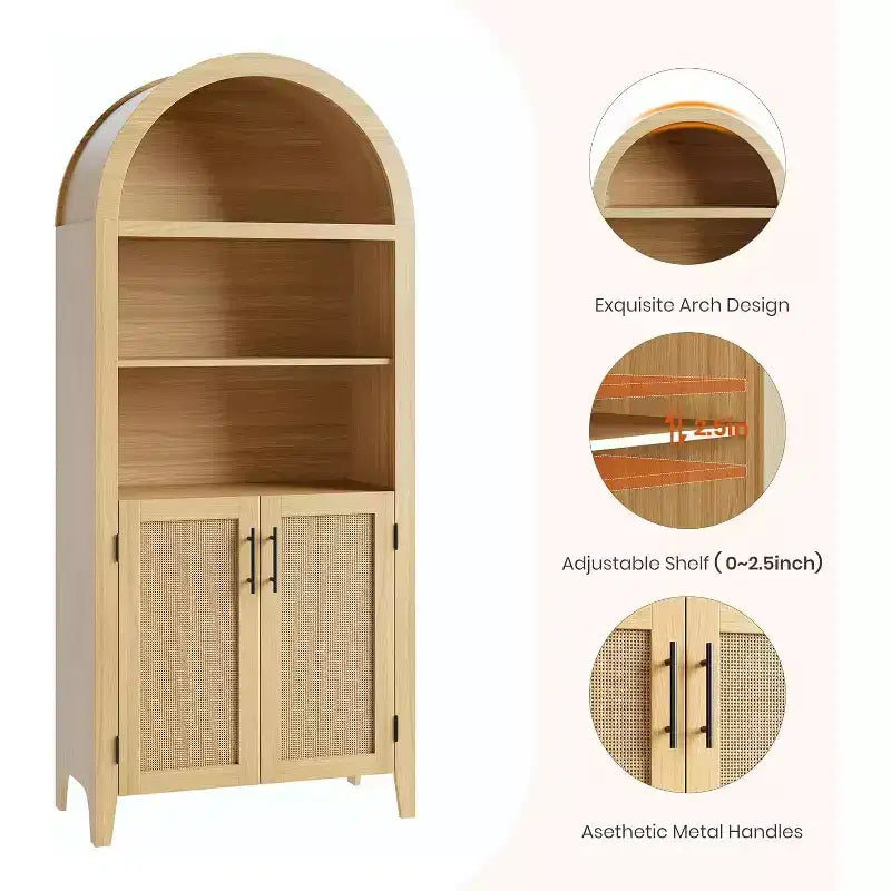 Acekool Arched Pantry Cabinet with Rattan Doors, 5-Tier Farmhouse Storage Cabinet for Kitchen Dining Living Room