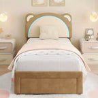 Cute Kids Bed Frame - Adjustable adorable bear design, suede upholstery, storage drawers, solid wood slats, quiet design, easy to assemble.