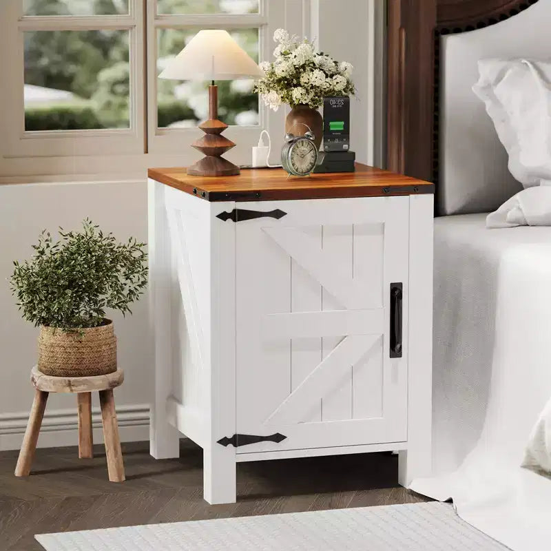 2Pcs Farmhouse Nightstand with Charging Station, Rustic Barn Door Bedside Table with Adjustable Shelf, Small End Table for Bedroom and Living Room