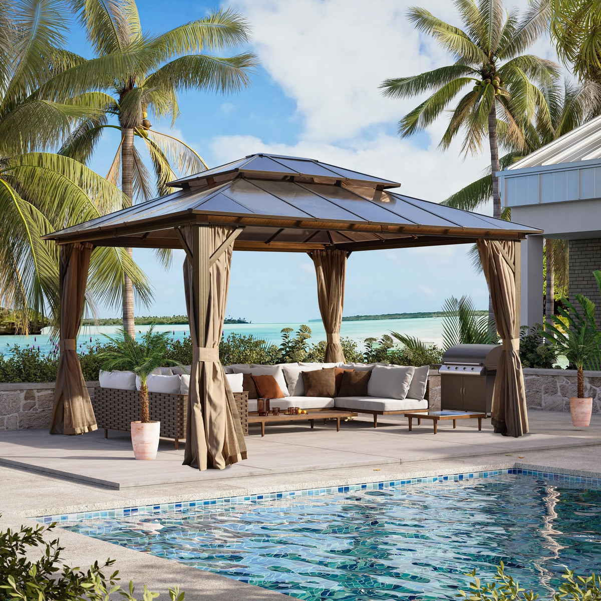 EROMMY Hardtop Gazebo,Outdoor Pergola with Double Roof & Netting & Curtains,Heavy Duty Canopy for Patio, Backyard, Pool party