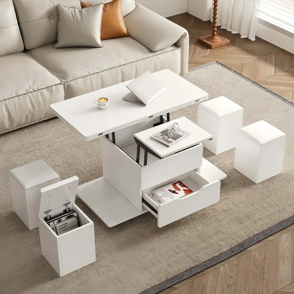 Foldable Lift-Top Coffee Table with 4 Stools & Storage