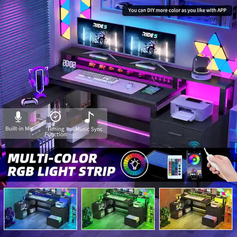65 L-Shaped Corner Desk with RGB LED, Monitor Stand & Storage Cabinet â€?1-Person | White / Oak / Charcoal Grey / Black