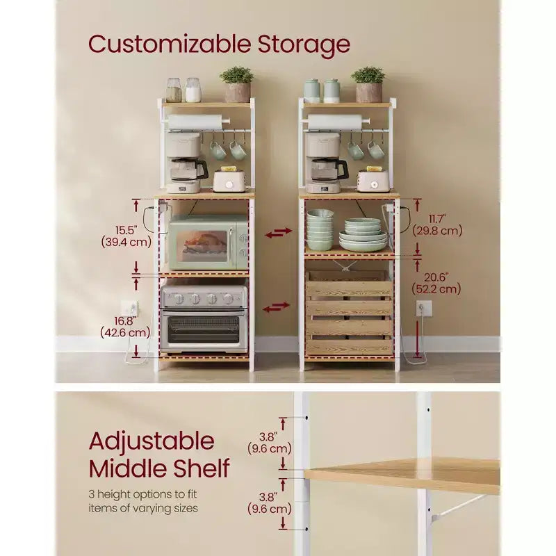 VASAGLE Kitchen Bakers Rack with Power Outlet, Coffee Bar 4-Tier with 8 S Hooks, Microwave Stand, Adjustable Shelf