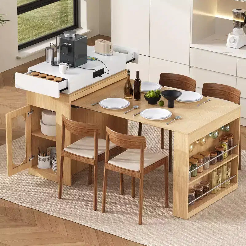 Whisen Extendable Dining Table, Mobile Rolling Island Table with 3 Removable Middle Leaves, Storage Cabinet