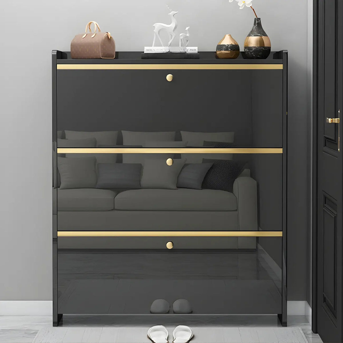 Entryway Glam Black Shoe Storage with Adjustable Shelves
