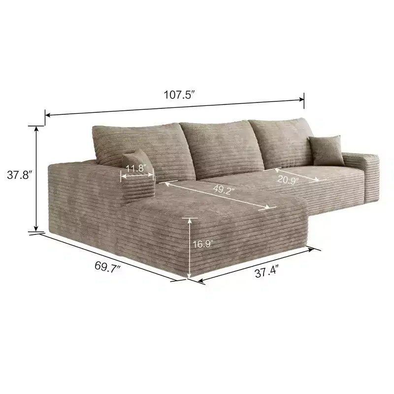 107 Inch Plush Corduroy Fabric Black Cloud Sectional Couch with L-Shape Chaise Modern Modular Sofa with Deep Seat for Living Room Apartment