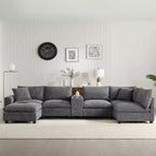 Clihome 140 Oversized Modular Sectional Sofa with Movable Storage Ottoman,Cup Holder,Wide Seat,USB Charger,6 Seat U Shaped Corduroy Couch