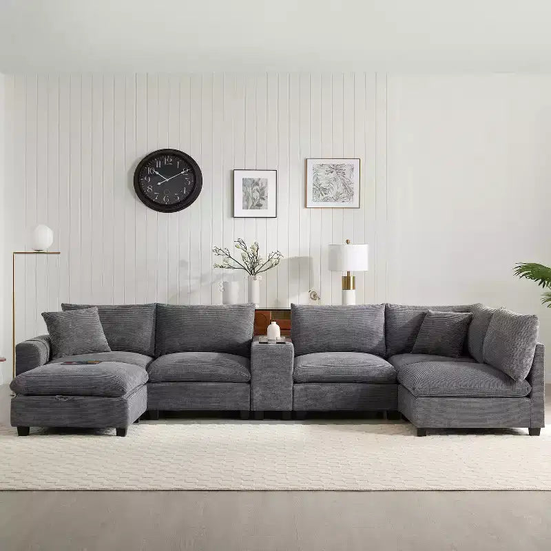 Clihome 140 Oversized Modular Sectional Sofa with Movable Storage Ottoman,Cup Holder,Wide Seat,USB Charger,6 Seat U Shaped Corduroy Couch
