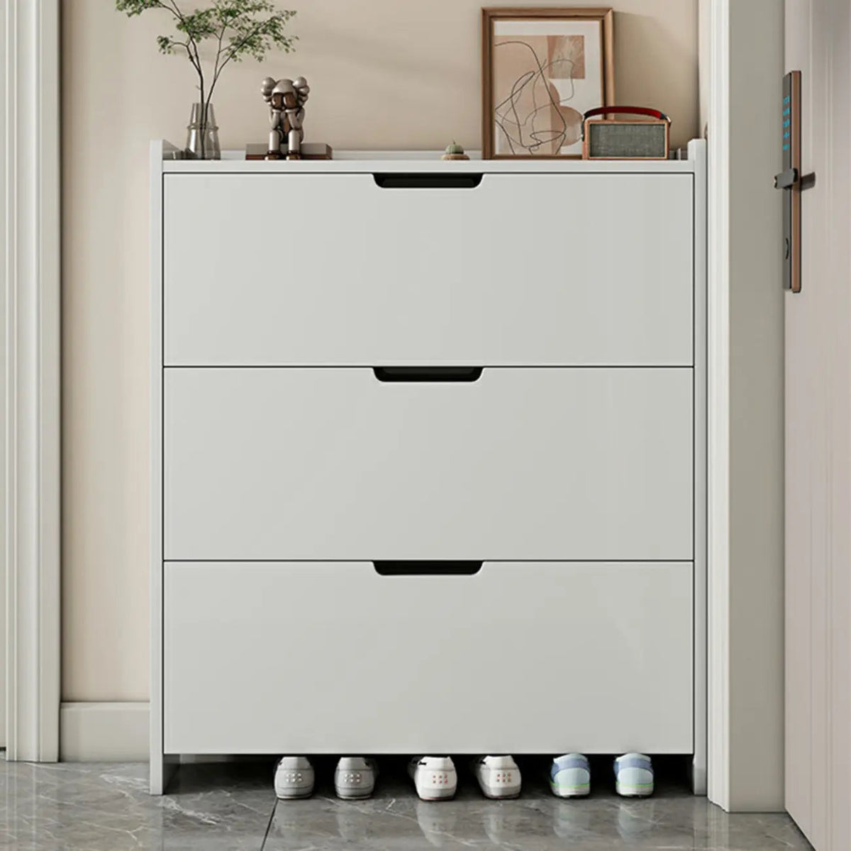 3-Tier White Wood Shoe Cabinet with Drop Front