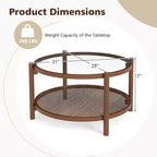 31 Round Coffee Table with Tempered Glass Top & Rattan Shelf