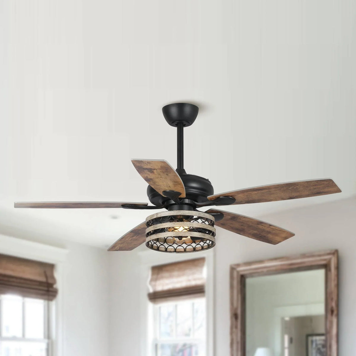 52 Farmhouse Driftwood 5-Blade Black Caged Ceiling Fan with Remote