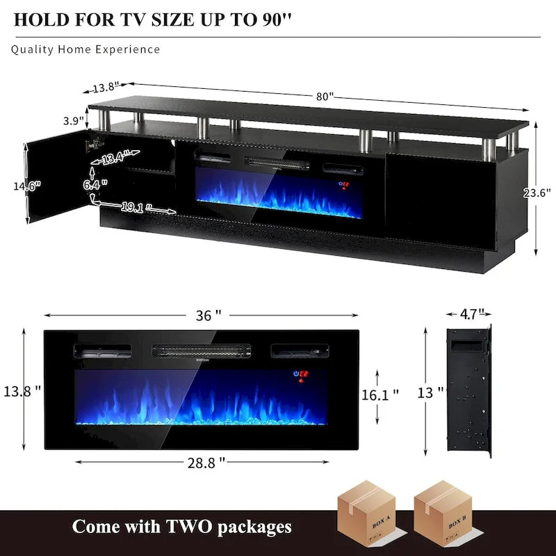 80 2 Tier TV Console Stand for TVs Up to 90,with 36 Electric Fireplace