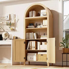 5-Tier Open Display Shelf with Rattan Decor, Farmhouse Storage Cabinet, Arched Kitchen Pantry Storage Cabinet, for Home, Office, Living Room