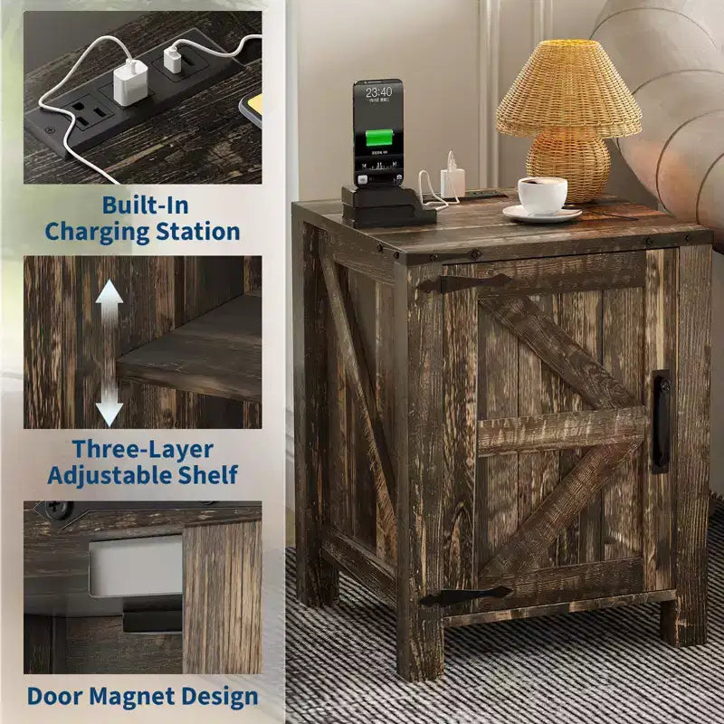 2Pcs Farmhouse Nightstand with Charging Station, Rustic Barn Door Bedside Table with Adjustable Shelf, Small End Table for Bedroom and Living Room
