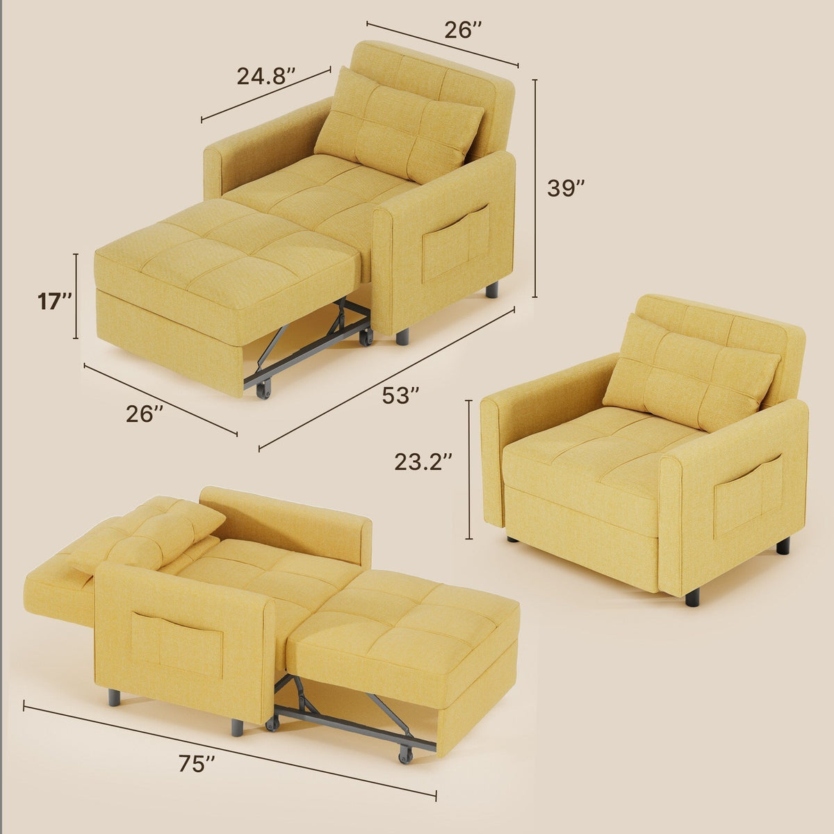 3-in-1 Adjustable Sleeper Sofa Bed, Pull Out Chair Sofa, Convertible Folding Bed for Living Room