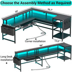 L Shaped Computer Desk Gaming Desk Keyboard Tray Power Outlets & LED