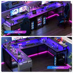 COZONY 78 U/L Shaped Gaming Desk, Reversible Computer Desk with Power Outlets, LED Lights, Monitor Stand & Storage Shelf, Corner Desk for Home Office