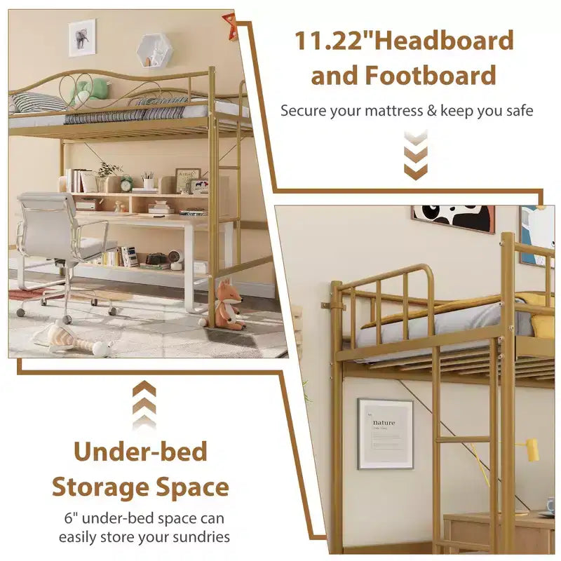 Loft Bed Twin Size with Removable Ladder & Full Safety Guardrail, Twin Loft Bed Heavy-Duty Metal Frame 400 Lbs Weight Capacity, Space Saving