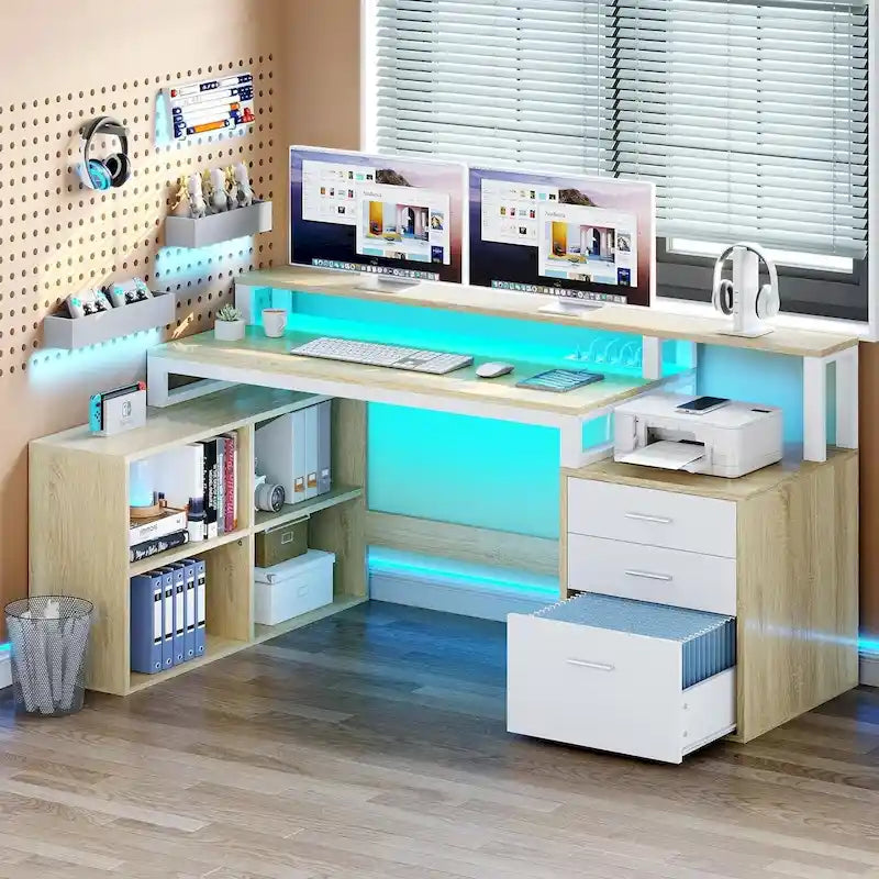 65 L-Shaped Corner Desk with RGB LED, Monitor Stand & Storage Cabinet â€?1-Person | White / Oak / Charcoal Grey / Black