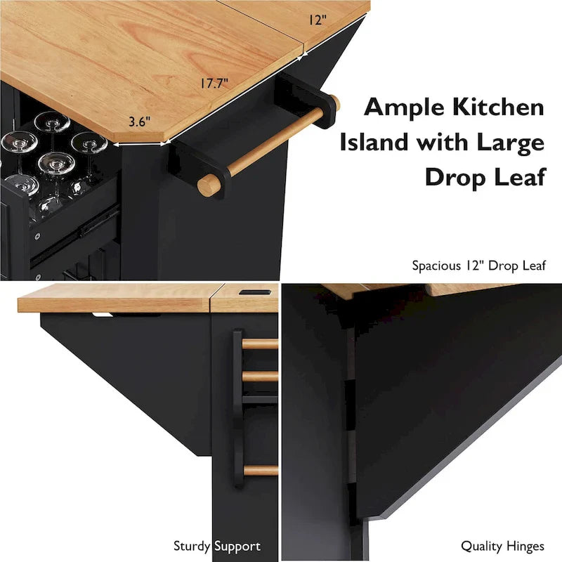 Expandable Drop-Leaf Kitchen Island, Kitchen Cart on 4 Wheels with Power Outlet, Moveable Island Table with 2 Door & 6 Drawers