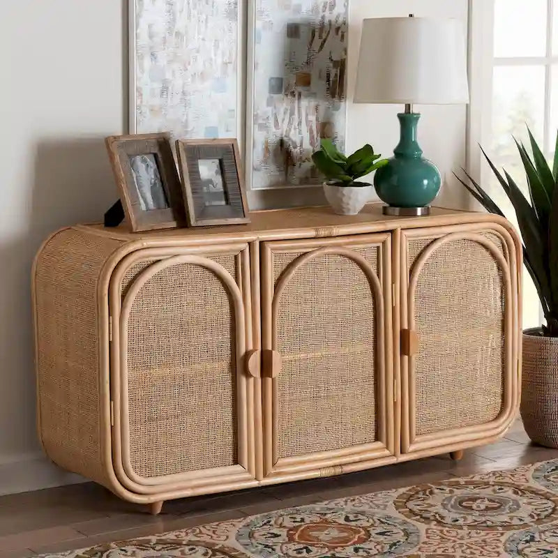 Evania Bohemian Natural Rattan 3-Door Storage Cabinet