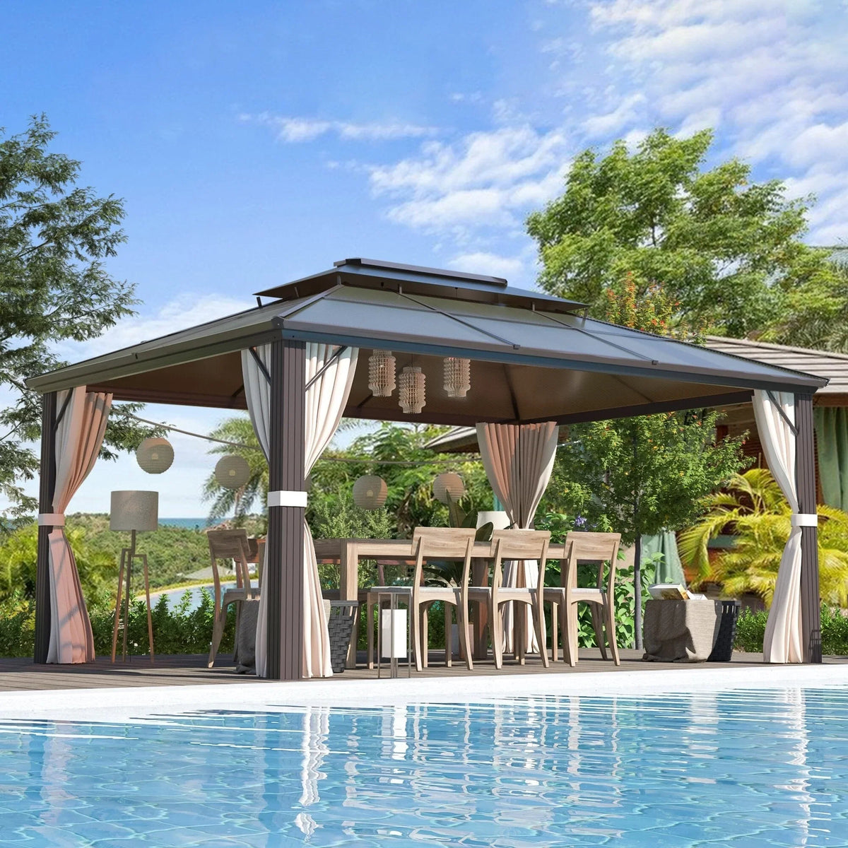 EROMMY Hardtop Gazebo,Outdoor Pergola with Double Roof & Netting & Curtains,Heavy Duty Canopy for Patio, Backyard, Pool party