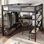 Bellemave Queen Metal Loft Bed with Desk, Storage Shelves & Hanging Rod, Space-Saving Loft Bed Frame with Guardrails & Ladder, No Box Spring, Black