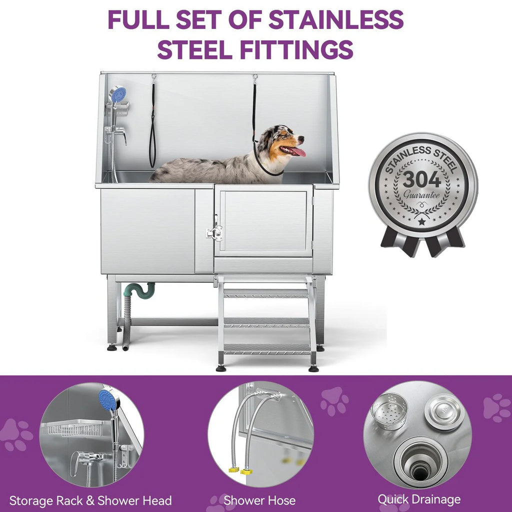 50 W Stainless Steel Adjustable Pet Grooming Tub with Steps Ramp