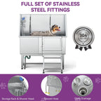 50 W Stainless Steel Adjustable Pet Grooming Tub with Steps Ramp