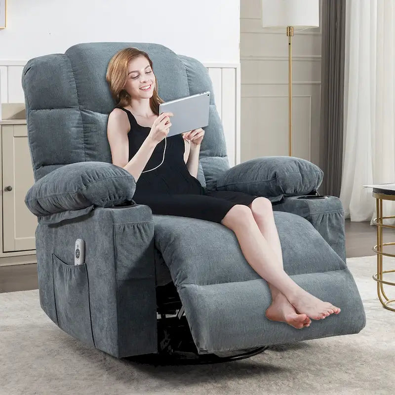 Grey Oversized Recliner with Heat and Massage, 150 Recline, 30 Rocking, USB Charging, and 2 Cup Holders
