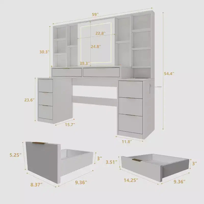59-Inch Makeup Vanity Desk with Lighted Mirror, 8 Drawers, Open Shelves for Girls Rooms, Dimmable Lighting, Space-Saving Design