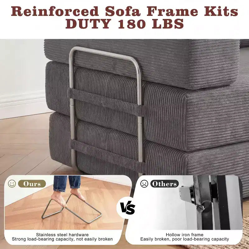 Dyonery 65-in five-in-one folding floor sofa bed, convertible into a double bed sofa bed, with a fixed metal frame, corduroy