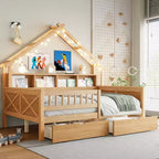 Full Size House Bed Frame with Drawers, House Platform Bed with LED Lights, Storage Shelves & Drawers, Wood Daybed with Roof and Guardrail