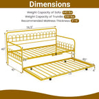 Costway Twin Daybed with Trundle Curved Backrest & Armrests Heavy-duty Metal Slats Black/Gold