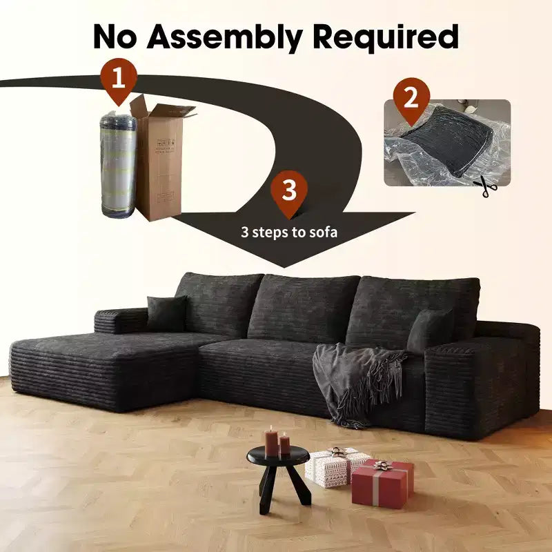 107 Inch Plush Corduroy Fabric Black Cloud Sectional Couch with L-Shape Chaise Modern Modular Sofa with Deep Seat for Living Room Apartment