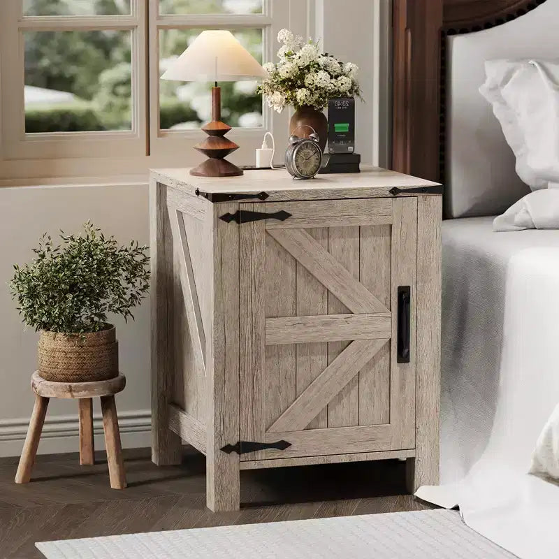 2Pcs Farmhouse Nightstand with Charging Station, Rustic Barn Door Bedside Table with Adjustable Shelf, Small End Table for Bedroom and Living Room