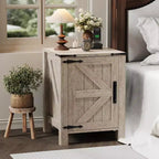 2Pcs Farmhouse Nightstand with Charging Station, Rustic Barn Door Bedside Table with Adjustable Shelf, Small End Table for Bedroom and Living Room