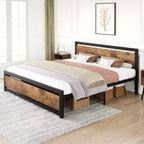 Heavy Duty Bed Frame with Headboard and Footboard, Metal Platform with 13.8 Storage, Noise Free & Tool-Free Assembly, Vintage Brown