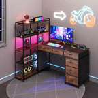 47 L-Shaped Computer Desk with 6 Drawers & 5-Tier Shelves, Reversible Corner Gaming Desk with LED Lights & Power Outlets