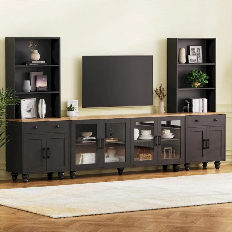 Black + Dark Walnut Farmhouse TV Entertainment Center with Bookshelves & Tempered Glass Doors for TVs Up to 70