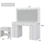 BALHAM TRADE-15 Drawers Vanity 3 Color Modes Adjustable Brightness Glass Top Vanity Desk with Stool