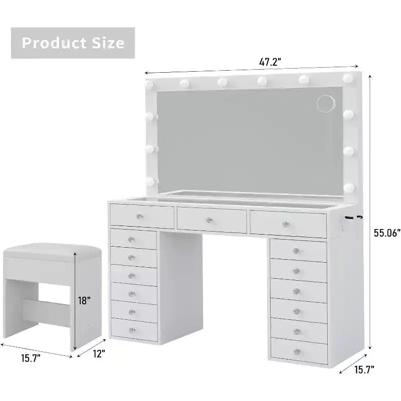 BALHAM TRADE-15 Drawers Vanity 3 Color Modes Adjustable Brightness Glass Top Vanity Desk with Stool