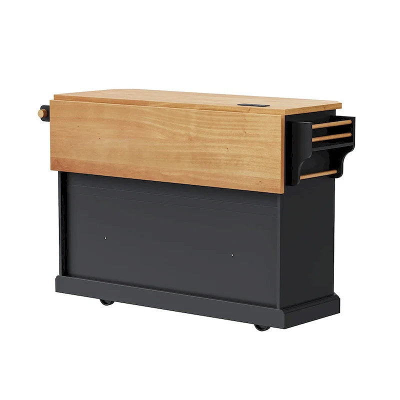 Expandable Drop-Leaf Kitchen Island, Kitchen Cart on 4 Wheels with Power Outlet, Moveable Island Table with 2 Door & 6 Drawers