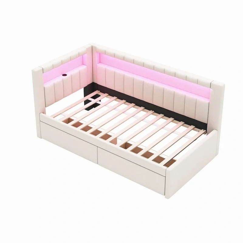 Upholstered Platform Bed with USB Ports & LED Lighting - Full/Twin Size Bed Frame with 2 Storage Drawers - Modern Bedroom