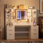 59-Inch Makeup Vanity Desk with Lighted Mirror, 8 Drawers, Open Shelves for Girls Rooms, Dimmable Lighting, Space-Saving Design