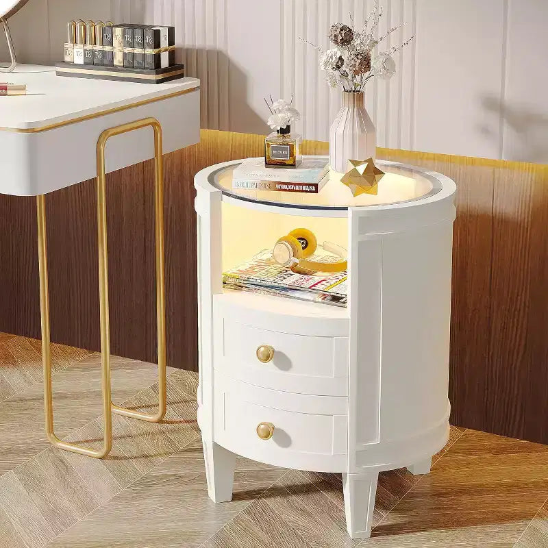 Lantine Set of 2 Modern Ivory White Nightstands with LED Glass Tabletop, 2 Drawers, No Assembly Required, Oval Bedroom Bedside Tables
