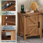 2Pcs Farmhouse Nightstand with Charging Station, Rustic Barn Door Bedside Table with Adjustable Shelf, Small End Table for Bedroom and Living Room