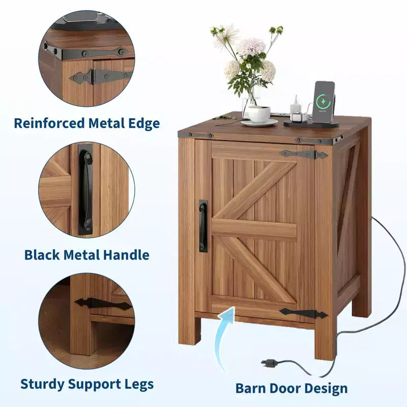 2Pcs Farmhouse Nightstand with Charging Station, Rustic Barn Door Bedside Table with Adjustable Shelf, Small End Table for Bedroom and Living Room